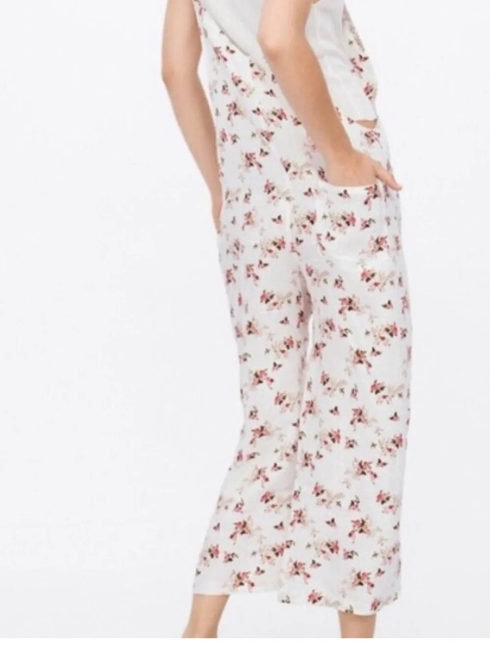 Zara Linen White Pink Rose Floral Wide Leg Overalls Size Small